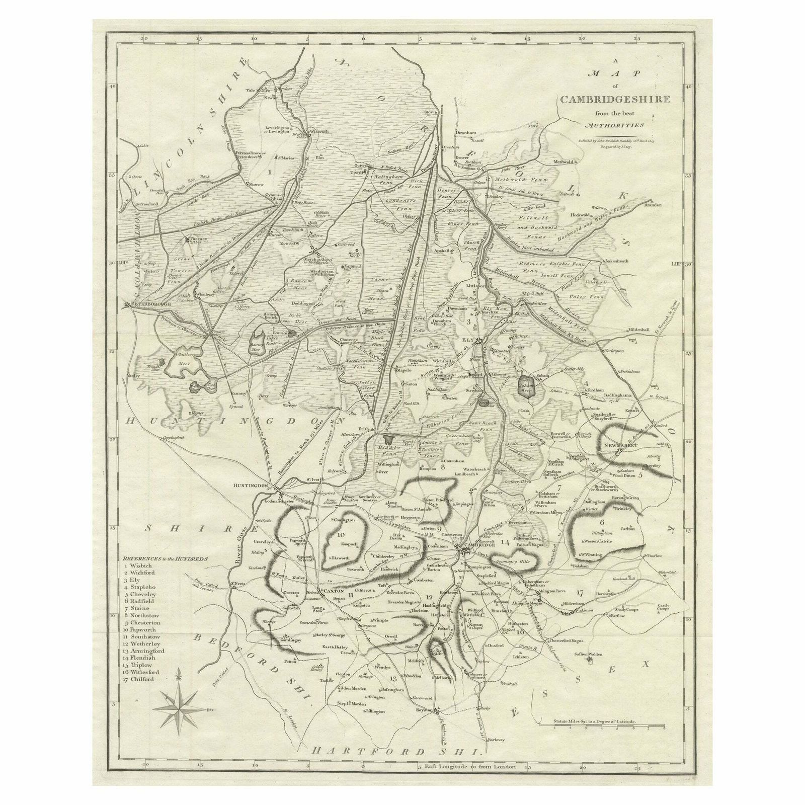 Large Antique County Map Of Cambridgeshire, England