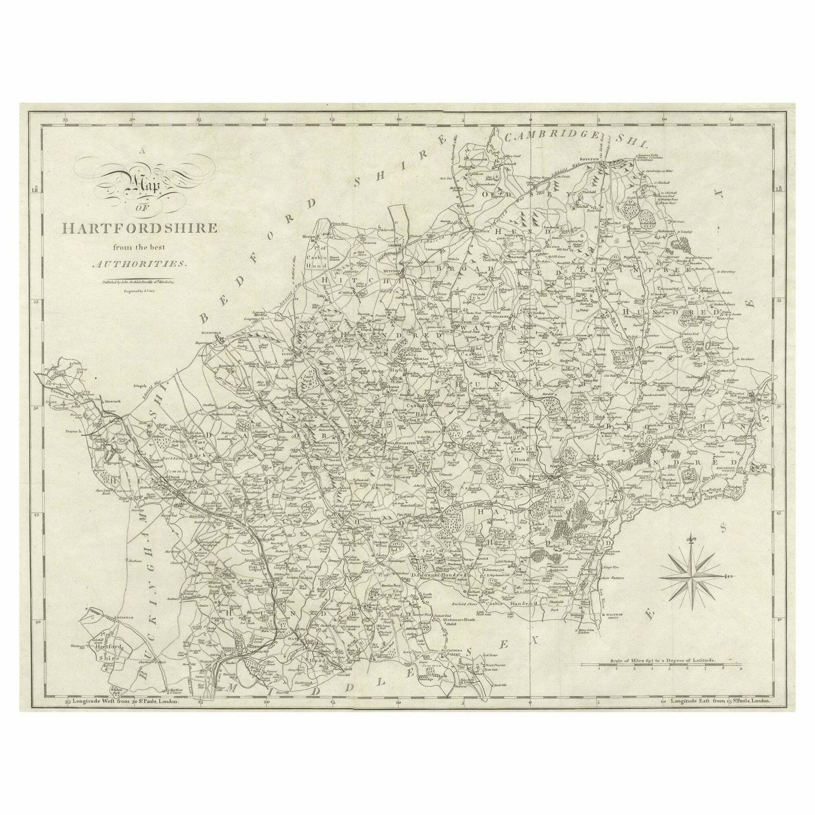 Large Antique County Map Of Hertfordshire, England