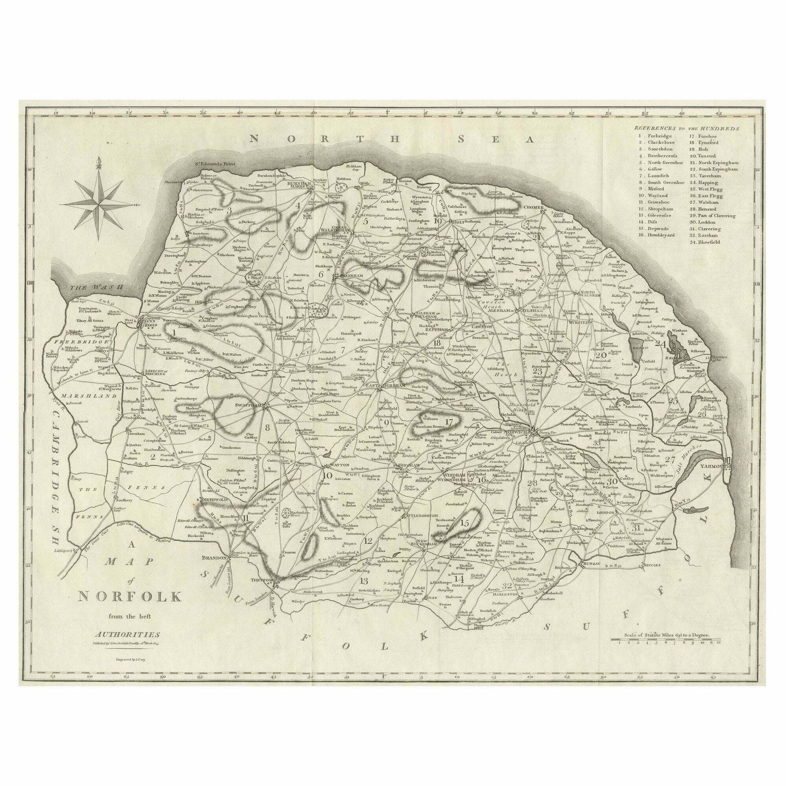 Large Antique County Map Of Norfolk, England