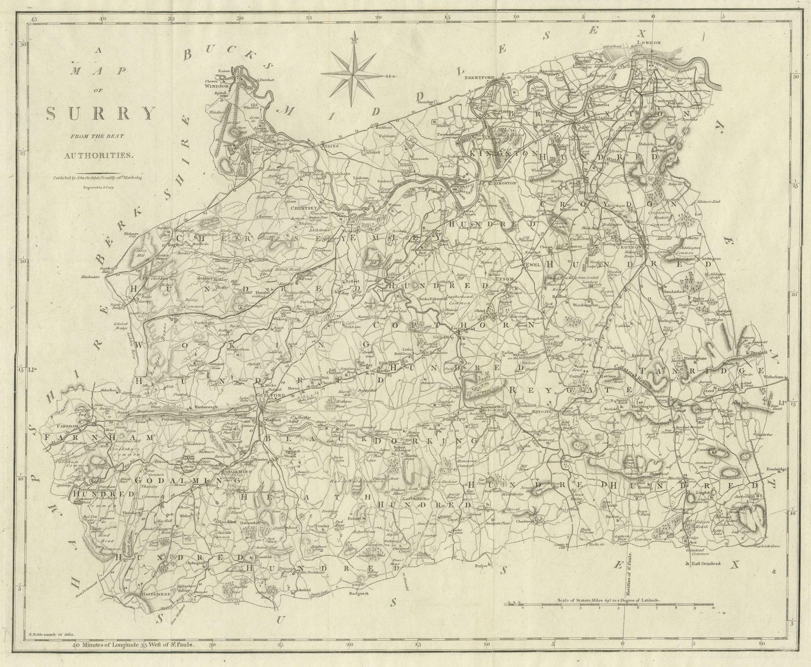 Large Antique County Map Of Surrey, England photo for sale
