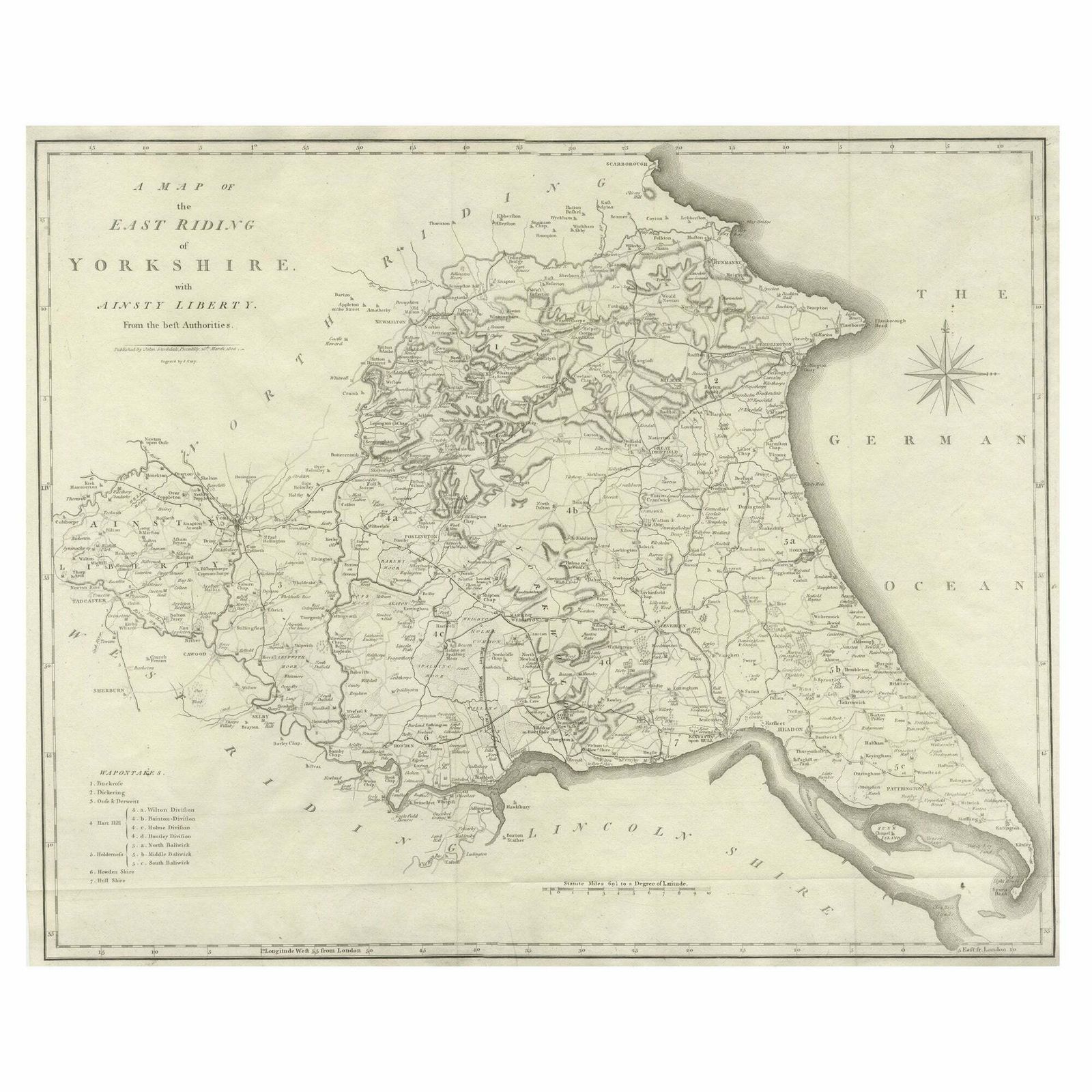 Large Antique County Map Of The East Riding Of Yorkshire, England