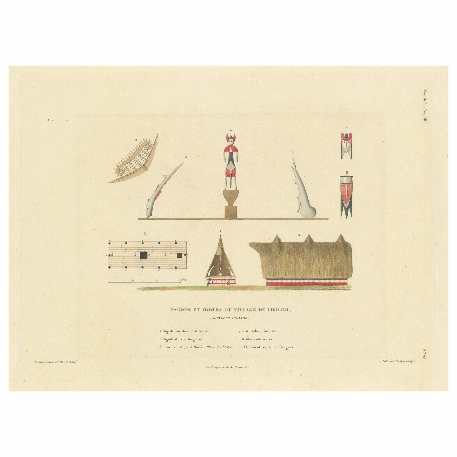 Antique Print Of A Pagoda And Idols From The Village Of Likiliki, New Ireland