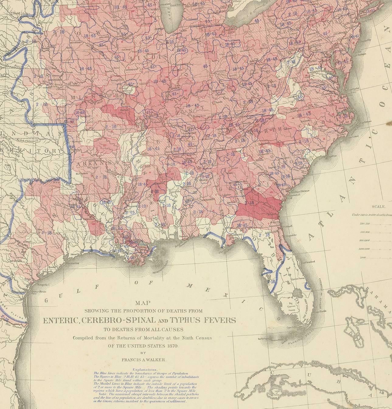 Antique Chart Of The Us Enteric, Cerebro Spinal, Typhus Deaths, '1874' photo Art