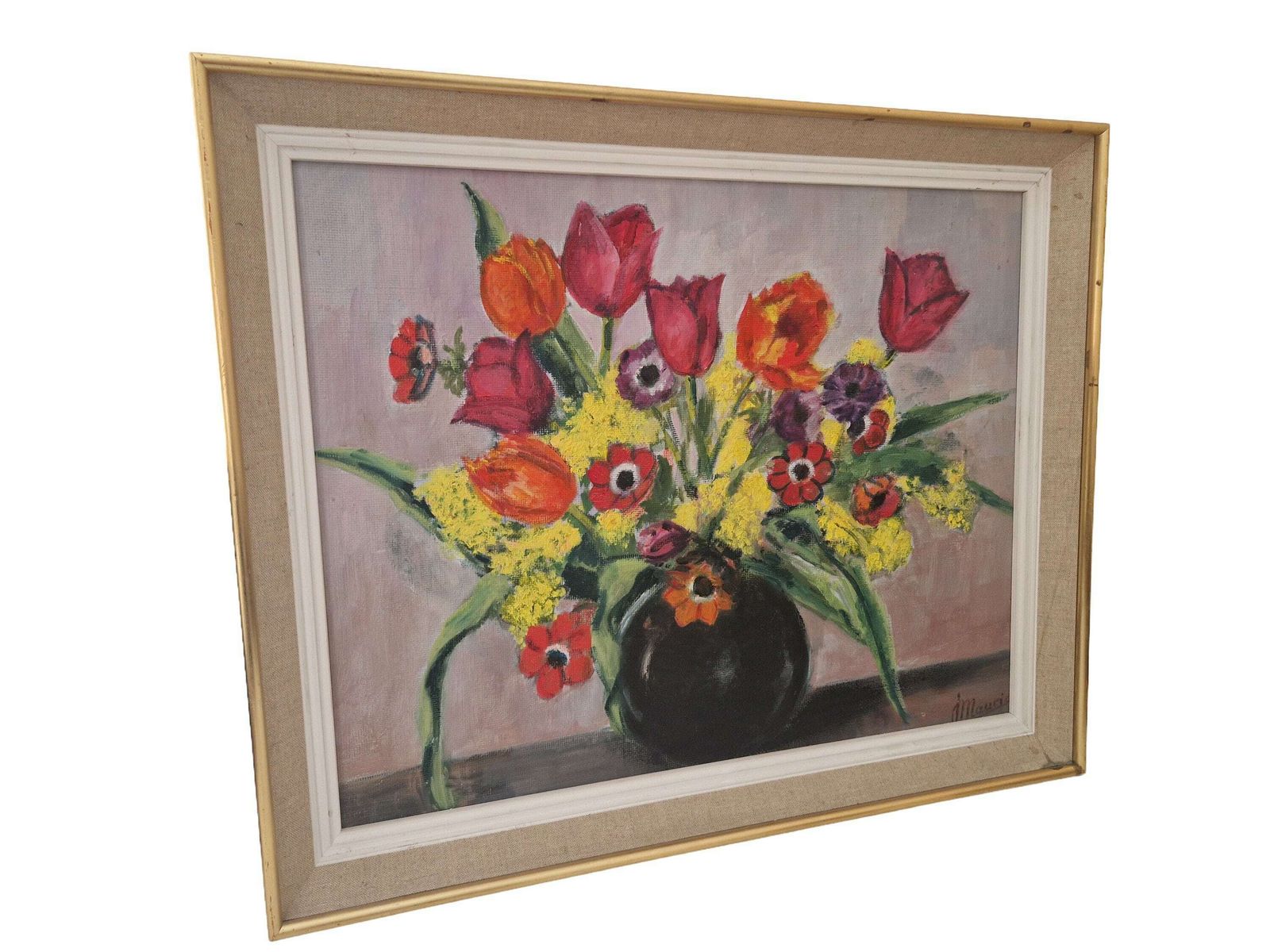 Flower Still Life Painting With Tulips, Anemones And Mimosas, French Country Floral Arrangement Art photo furniture