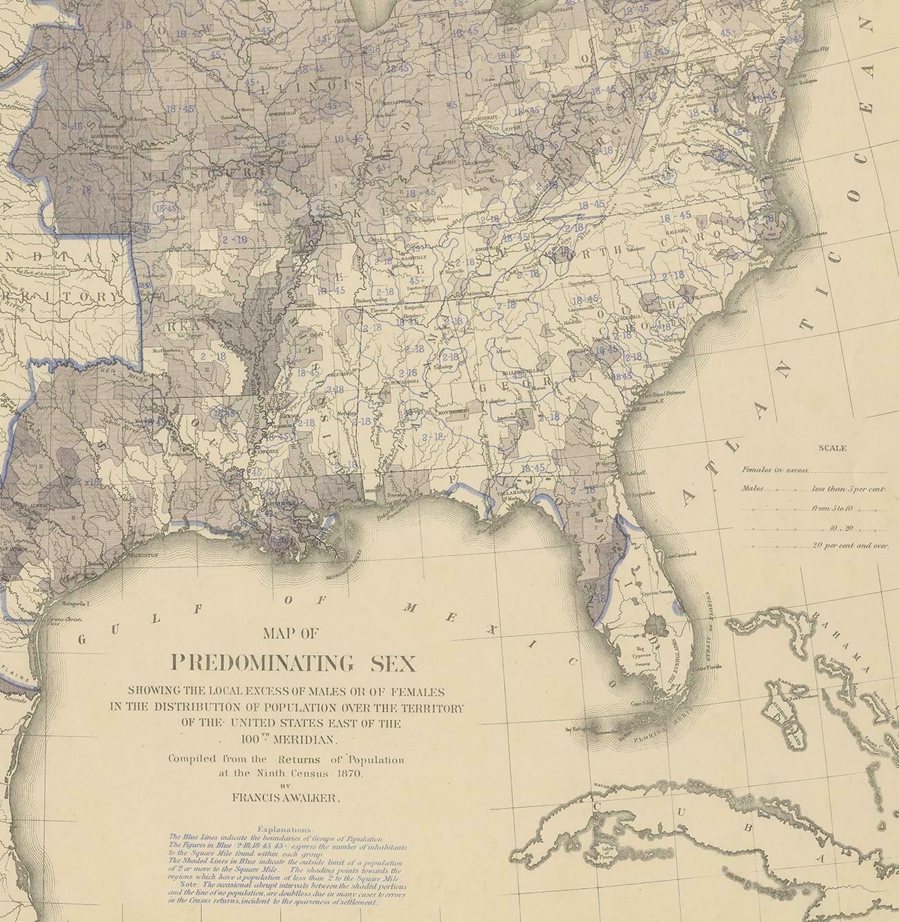 Antique Chart Of The Us Predominating Sex, 1874 photo Art