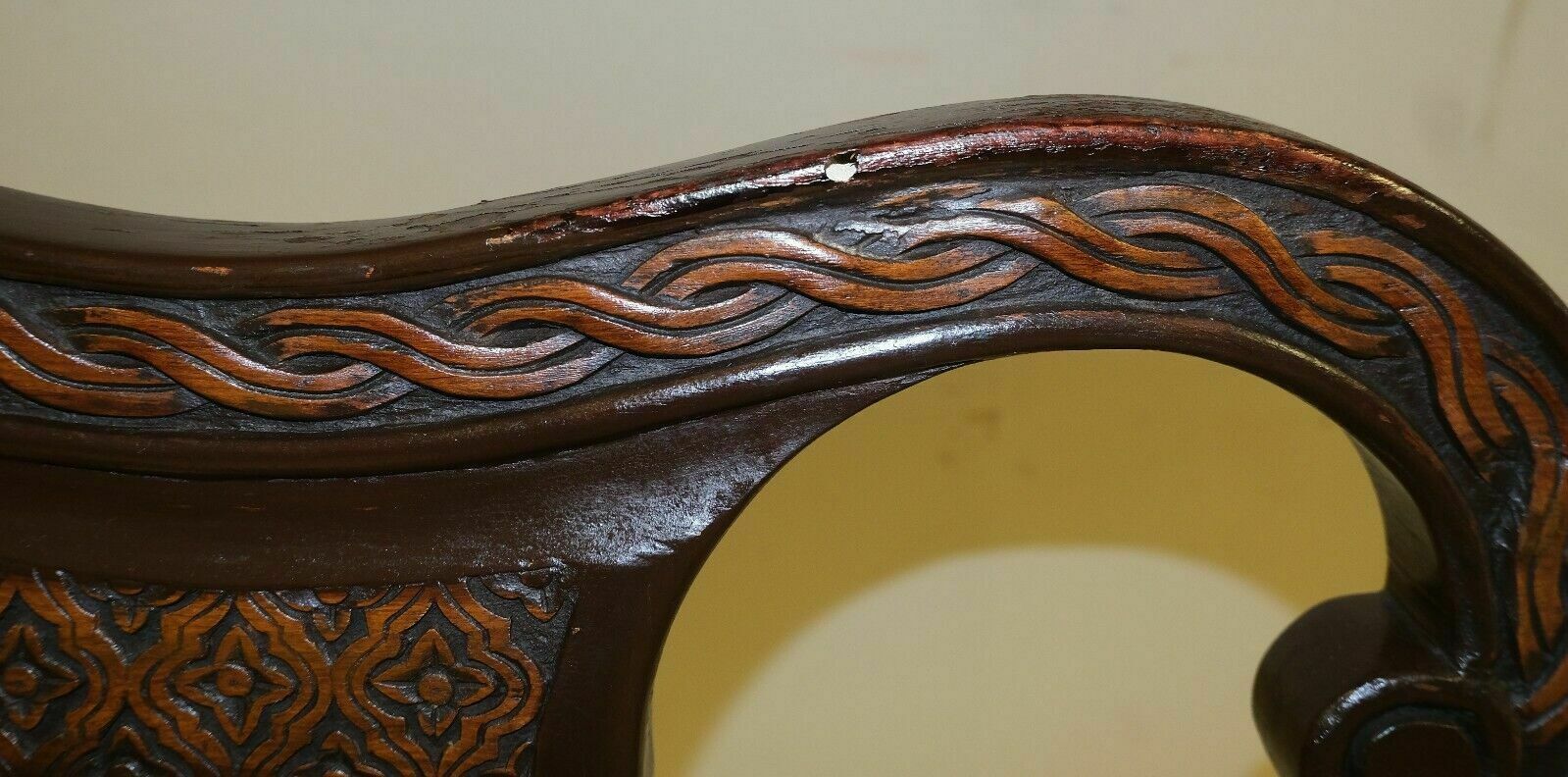 Furniture Lovely 20th Century Hardwood Open Armchair Carved Brown Frame And Back Splat photo