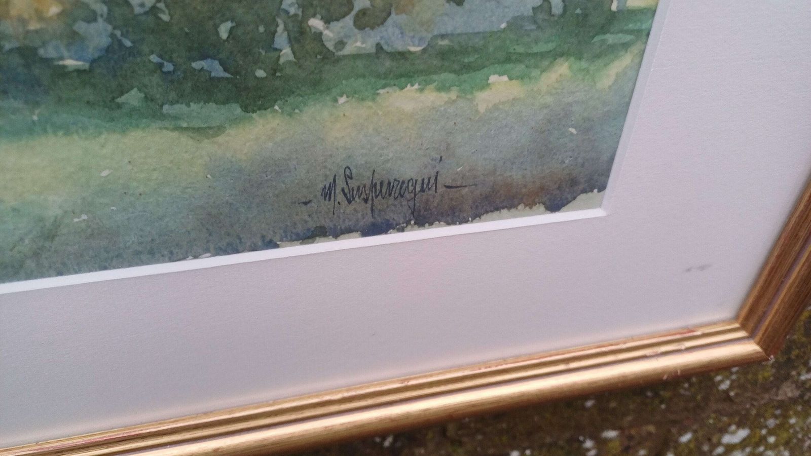Superb Signed Large Watercolour Print Manuel Susperregui Gold Wooden Glazed Frame. photo vintage