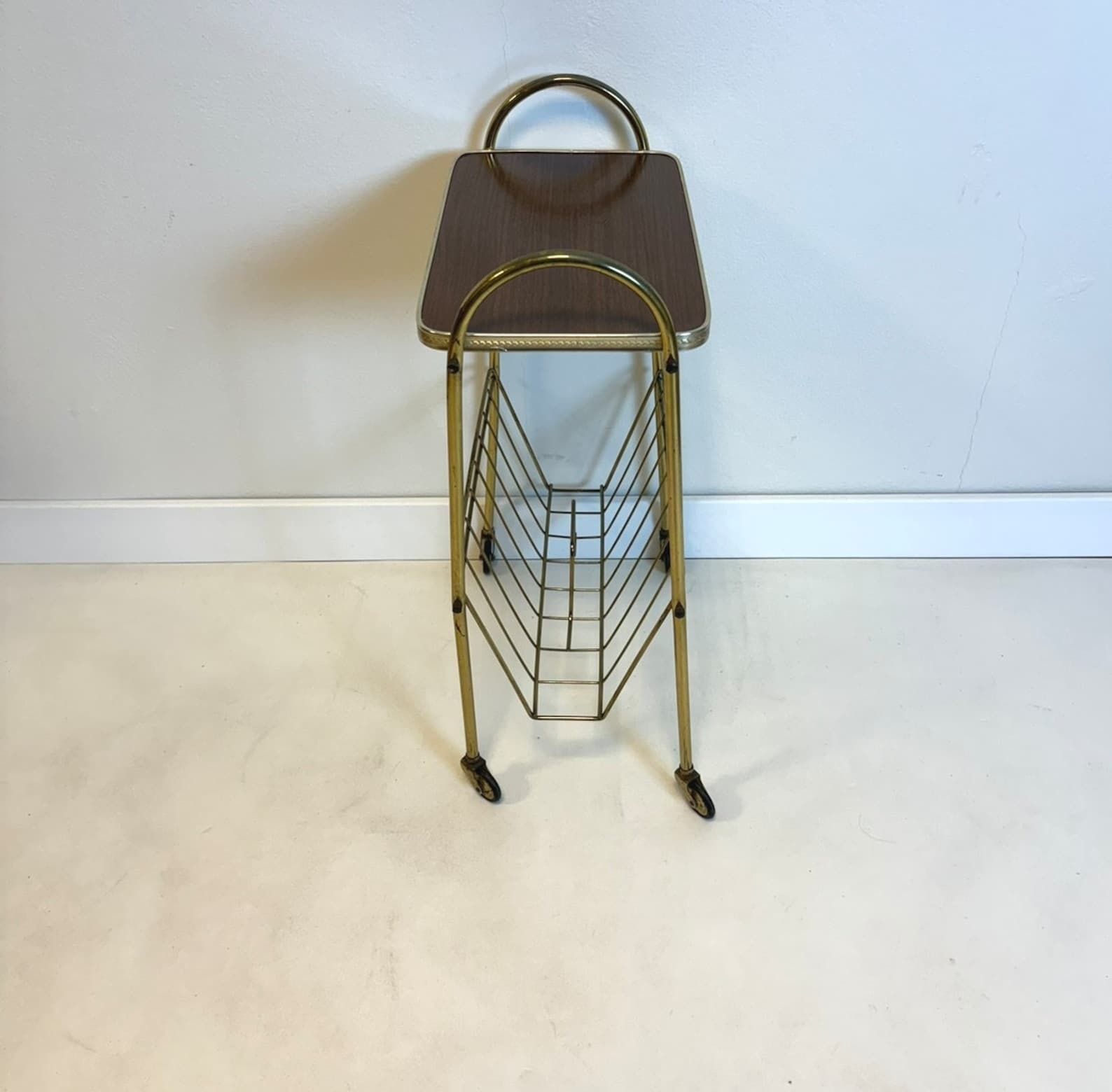 Vintage Mid Century Modern Brass Trolley Magazine Holder Table Mcm 60s photo for sale