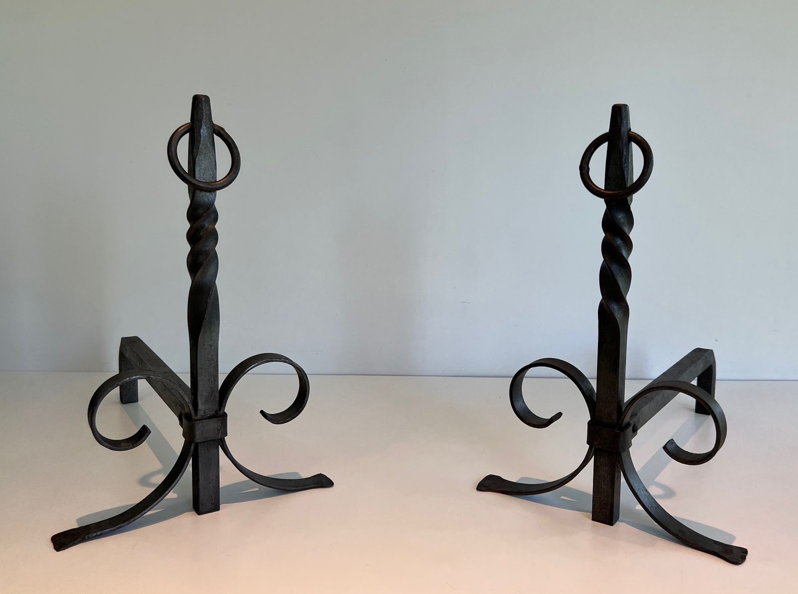 980.0 Pair Of Wrought Iron Andirons, 1950s photo