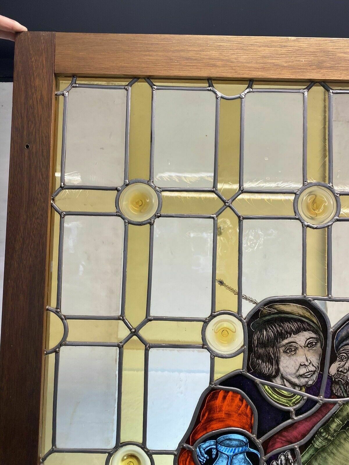 Large Medieval Stained Glass Hand Painted Window Panel Old Refufb Antique Lead photo Home Fixtures
