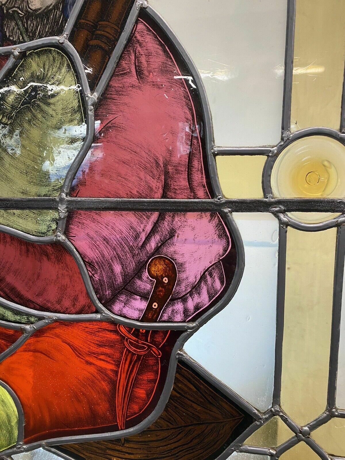 photo for sale Large Medieval Stained Glass Hand Painted Window Panel Old Refufb Antique Lead
