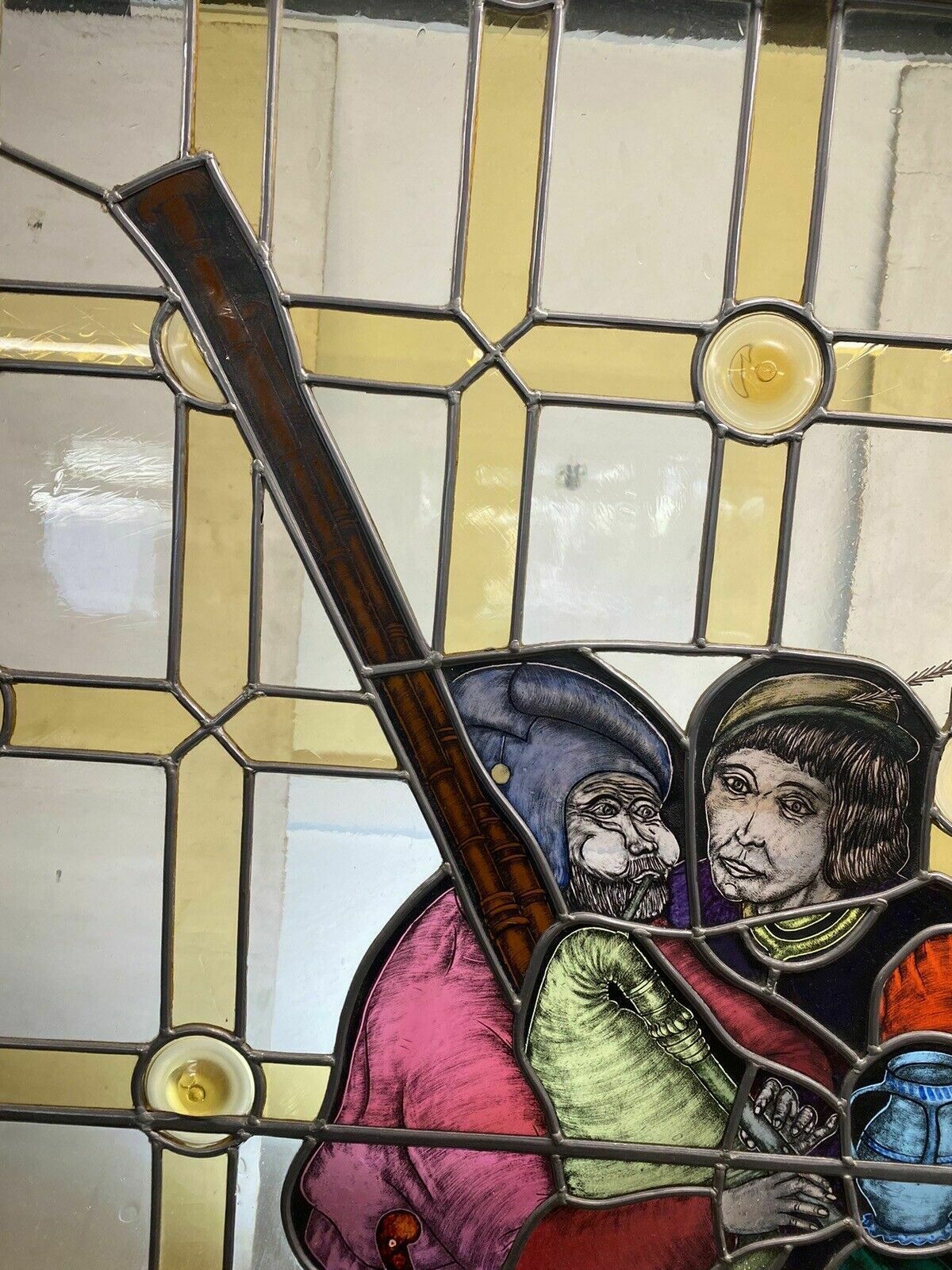 photo vinterior Large Medieval Stained Glass Hand Painted Window Panel Old Refufb Antique Lead