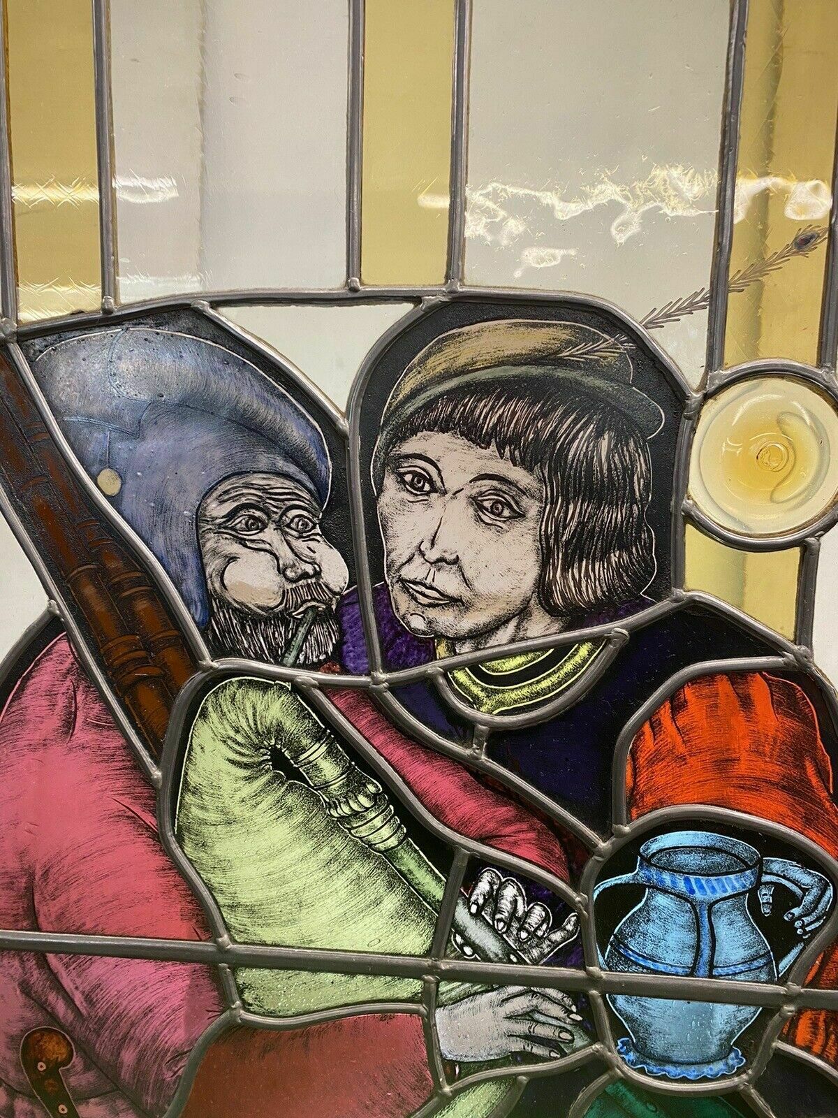 photo vintage Large Medieval Stained Glass Hand Painted Window Panel Old Refufb Antique Lead