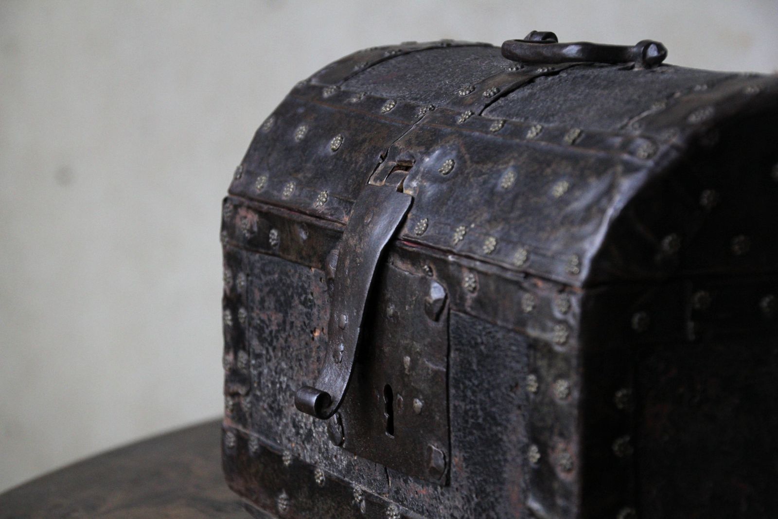 Antique 16th Century Leather Bound Wooden Casket Or Coffret, Spanish photo furniture