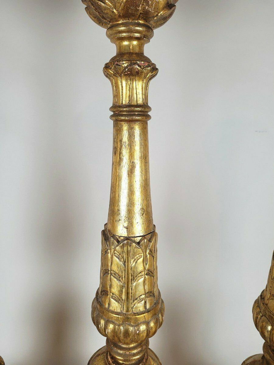 Suite Of 3 Large Candlesticks In Golden Wood, Early 19th Century Flag photo for sale