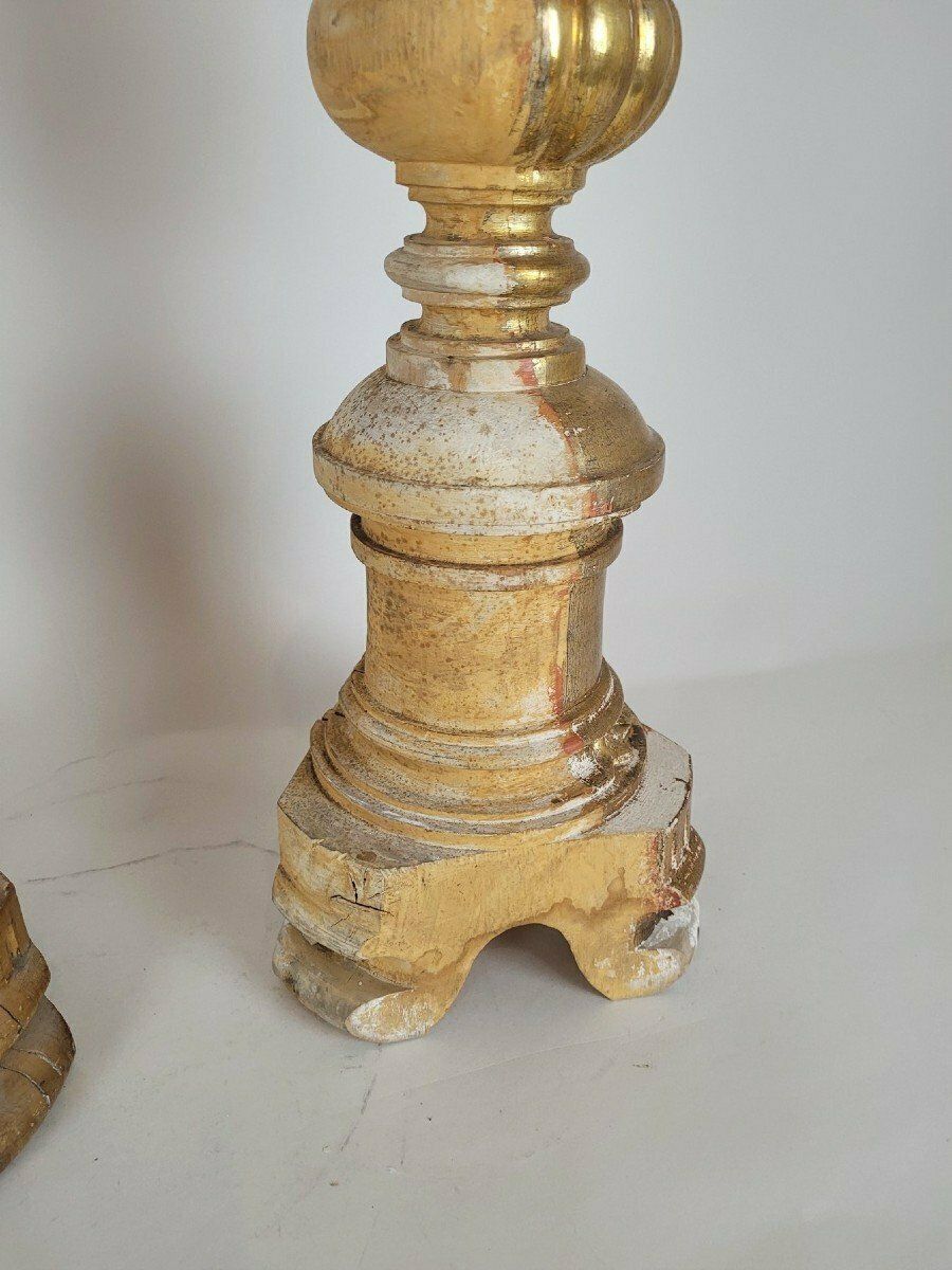 Suite Of 3 Large Candlesticks In Golden Wood, Early 19th Century Flag photo 2145.0