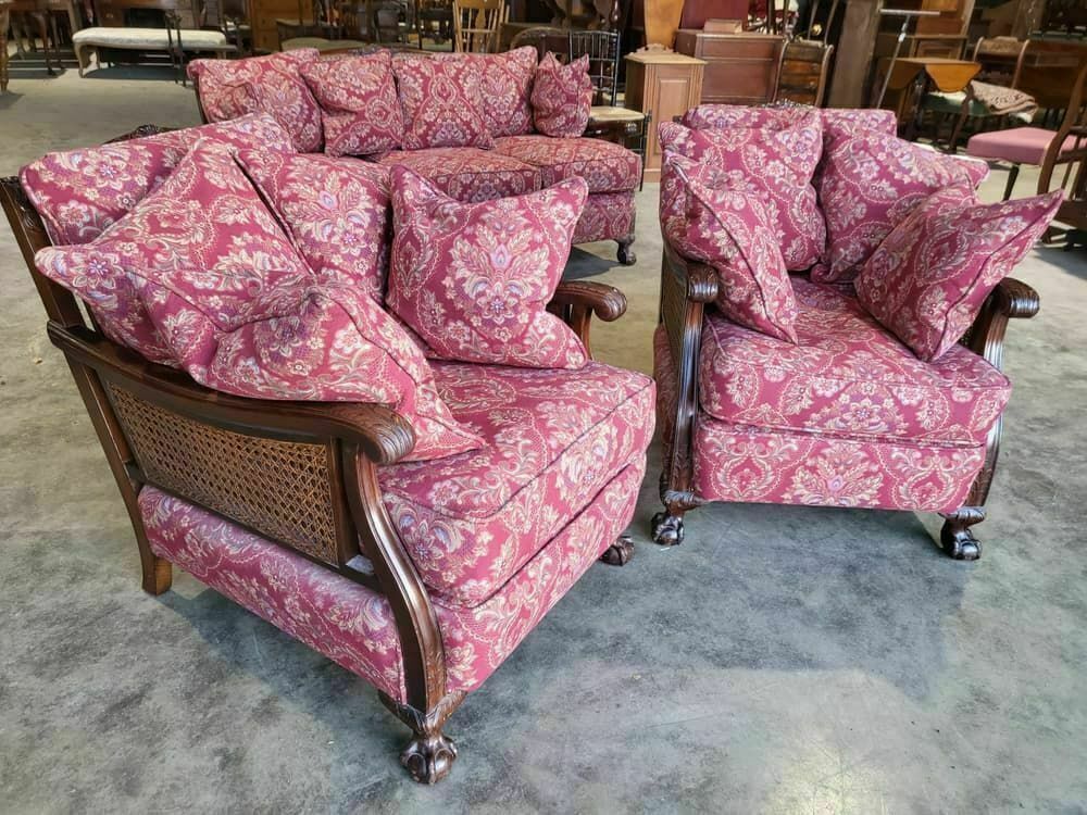 Antique 3 Piece Suite 20thc Bergere Sofa 24 Feather Cushions 2 Bergere Armchair photo for sale