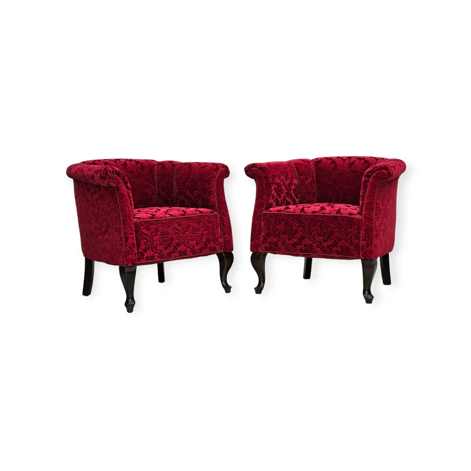 1950s, Pair Of Danish Lounge Chairs, Red Cotton/Wool Fabric, Beech Wood.