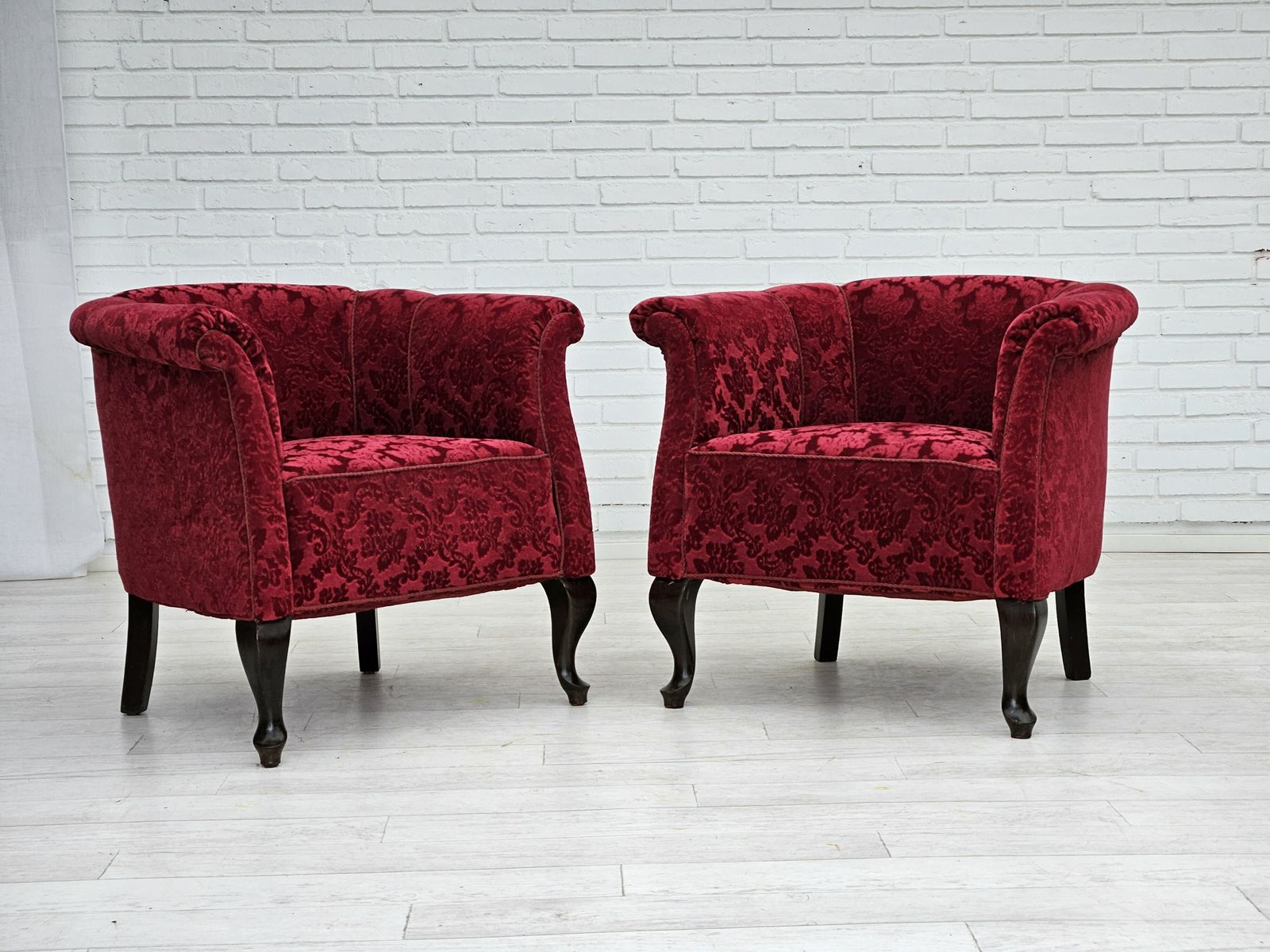 1950s, Pair Of Danish Lounge Chairs, Red Cotton/Wool Fabric, Beech Wood. photo for sale