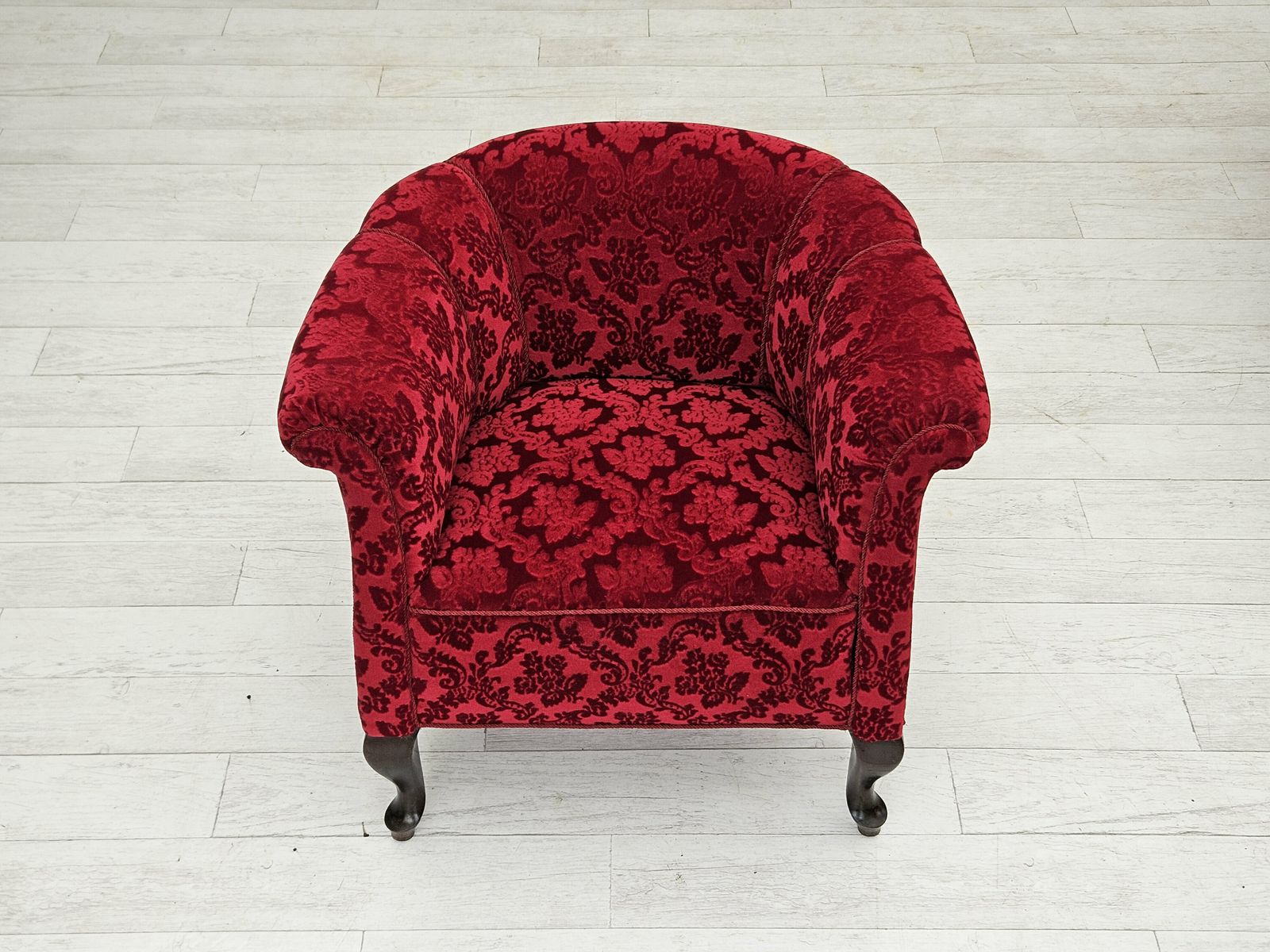 photo furniture 1950s, Pair Of Danish Lounge Chairs, Red Cotton/Wool Fabric, Beech Wood.