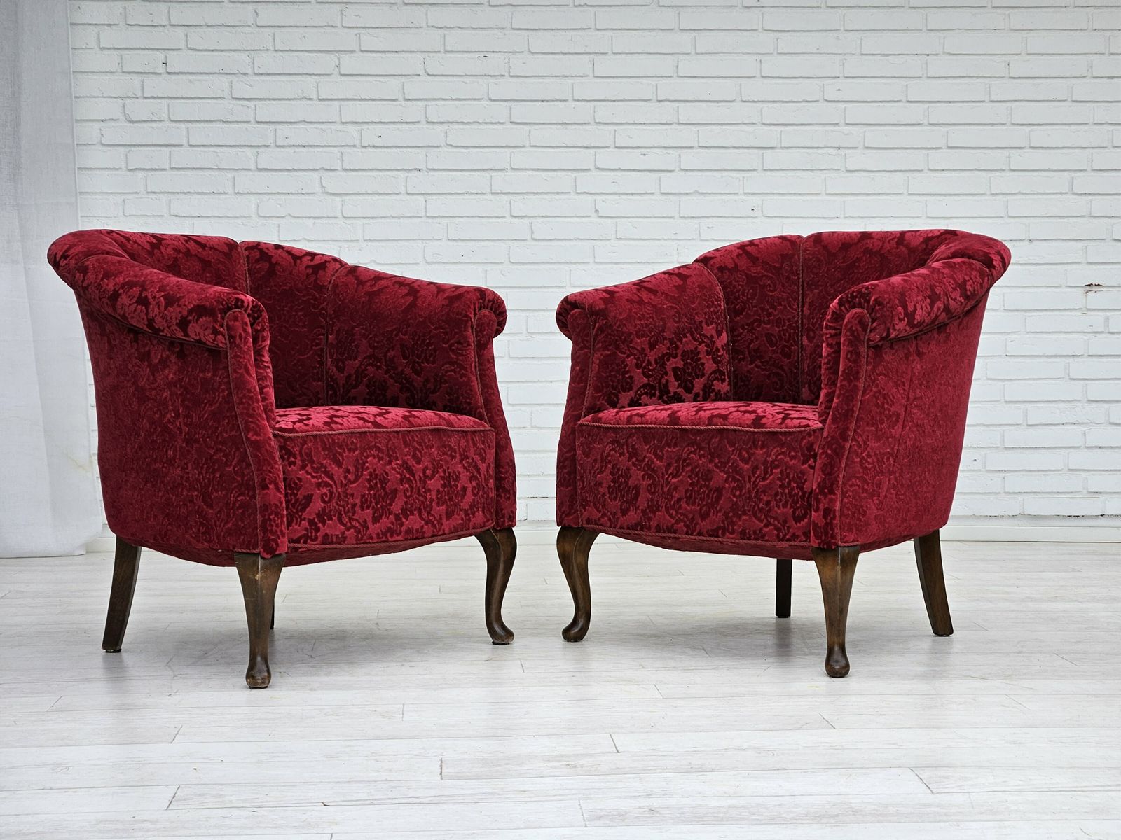 1950s, Pair Of Danish Lounge Chairs, Red Cotton/Wool Fabric. photo furniture