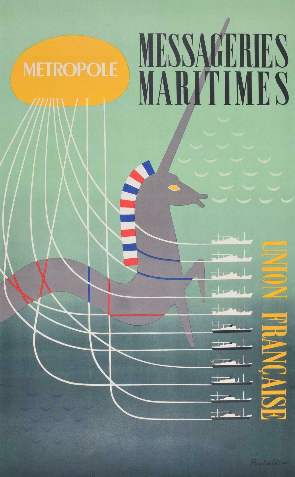 Poulain Messageries Maritimes   Union Francaise Original Vintage Poster By Poulain 1950