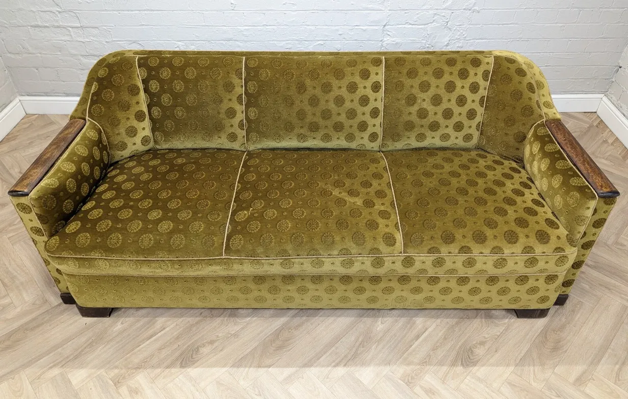 Mid Century Art Deco Swedish Gold Velour & Beech 3 Seater Cocktail Sofa 1930