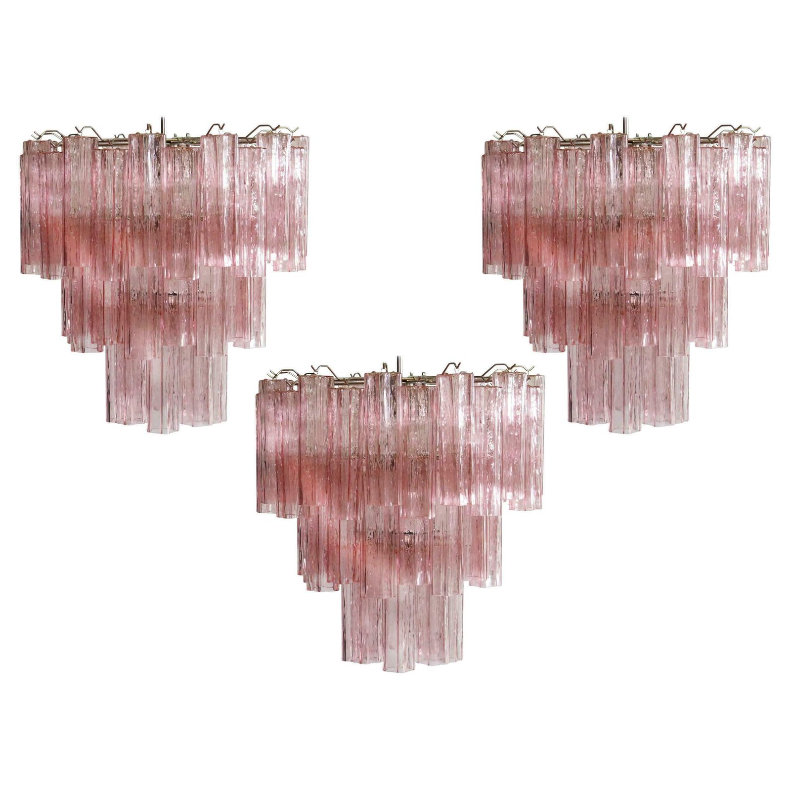 Lighting Trio Of 52 Pink Tronchi Chandeliers Style Toni Zuccheri For Venini, Murano photo