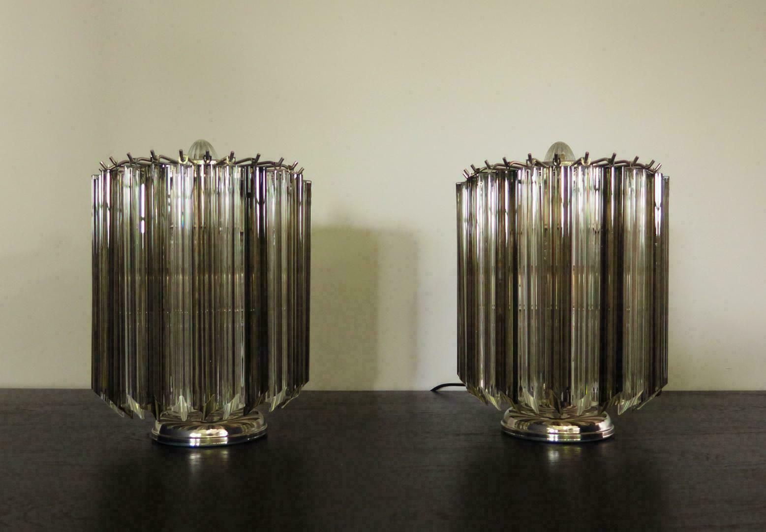 photo vinterior Pair Of Table Lamps 24 Transparent And Smoked Quadriedri Murano 1990s