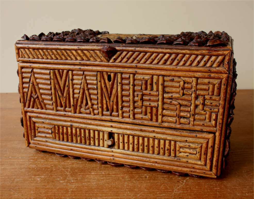 Folk Art Wooden Box & Pine Cone Scale Decoration. Ma Mere French. C1920. photo furniture