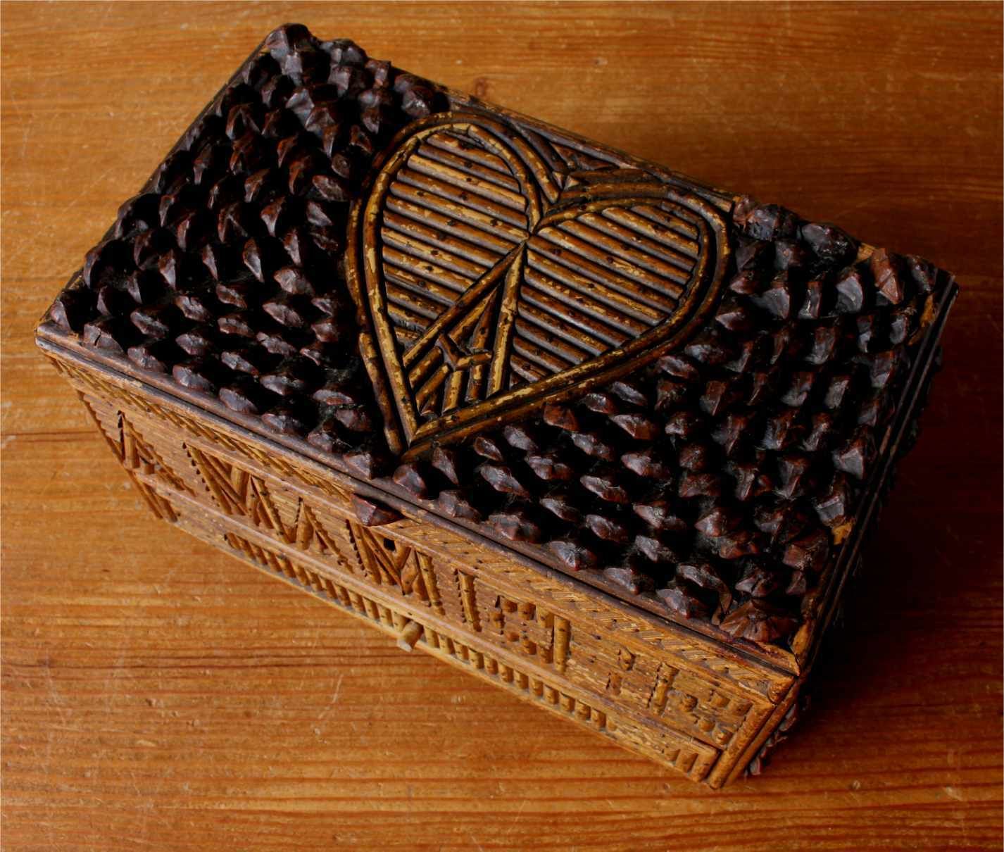 Folk Art Wooden Box & Pine Cone Scale Decoration. Ma Mere French. C1920. photo Home Decor