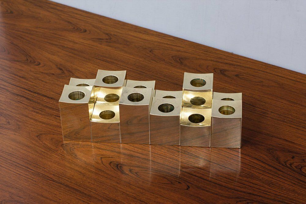 Swedish Cubic Brass Candlesticks By Gusum Metallslöjden, 1980s, Set Of 12 photo for sale