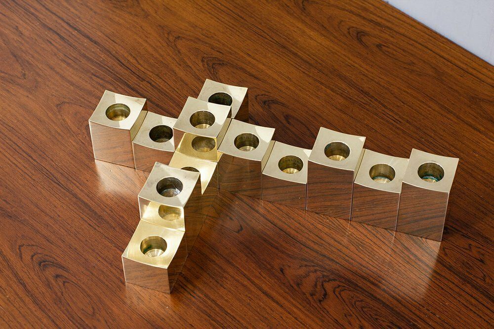Swedish Cubic Brass Candlesticks By Gusum Metallslöjden, 1980s, Set Of 12 photo vintage