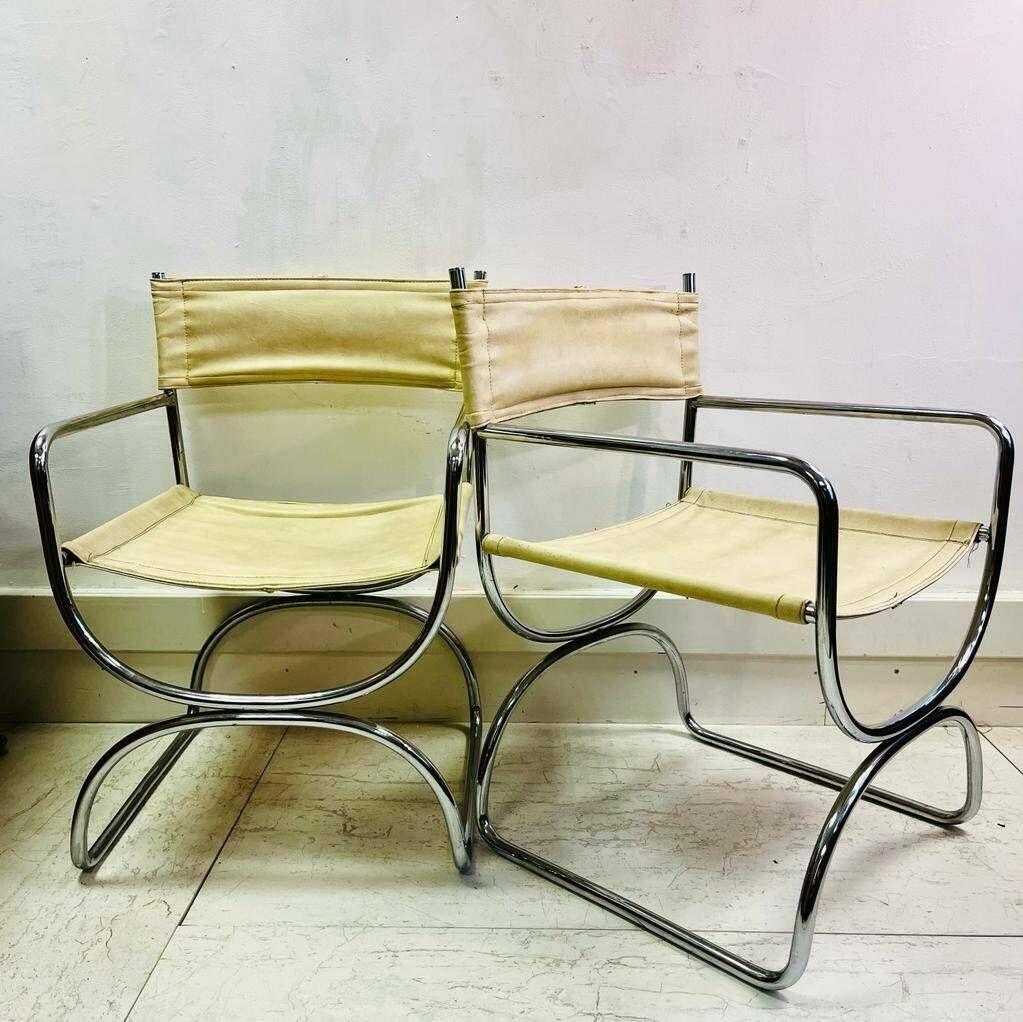 A Pair Of Mid Century Cream Leather And Chrome Chairs Dining Chairs photo Furniture