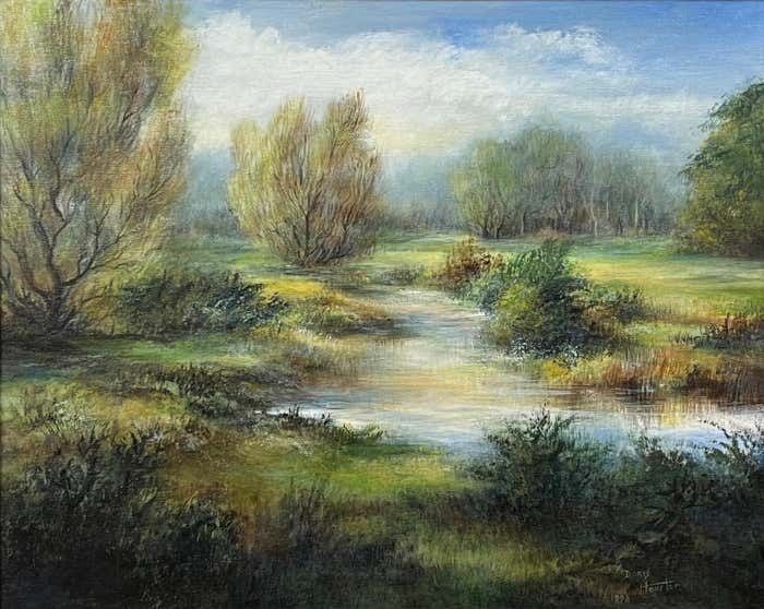 Doris Houston River Landscape Painting Of A Summer Evening In Ireland By 20th Century Artist 1998 photo 1750.0