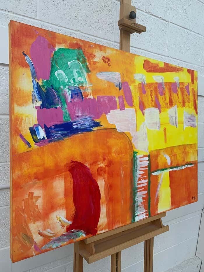 Angela Wakefield Abstract Painting With Yellow Orange Red & Pink By Contemporary British Artist 2005 photo furniture