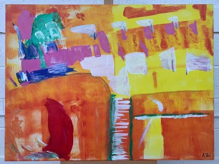 Angela Wakefield Abstract Painting With Yellow Orange Red & Pink By Contemporary British Artist 2005 photo for sale