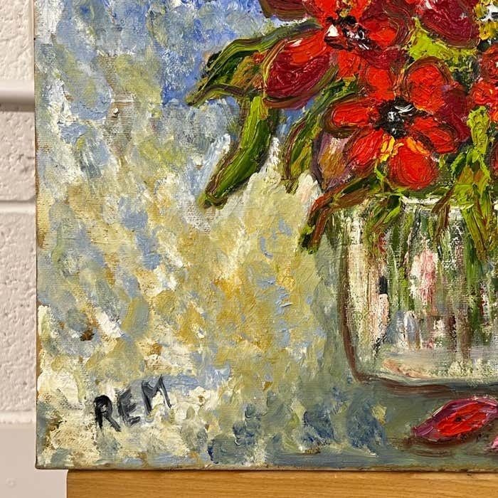 Rose Elizabeth Moorcroft Expressive Still Life Painting Red Rose Flowers 'Red For Love' By British Artist 2000 Circa photo vintage