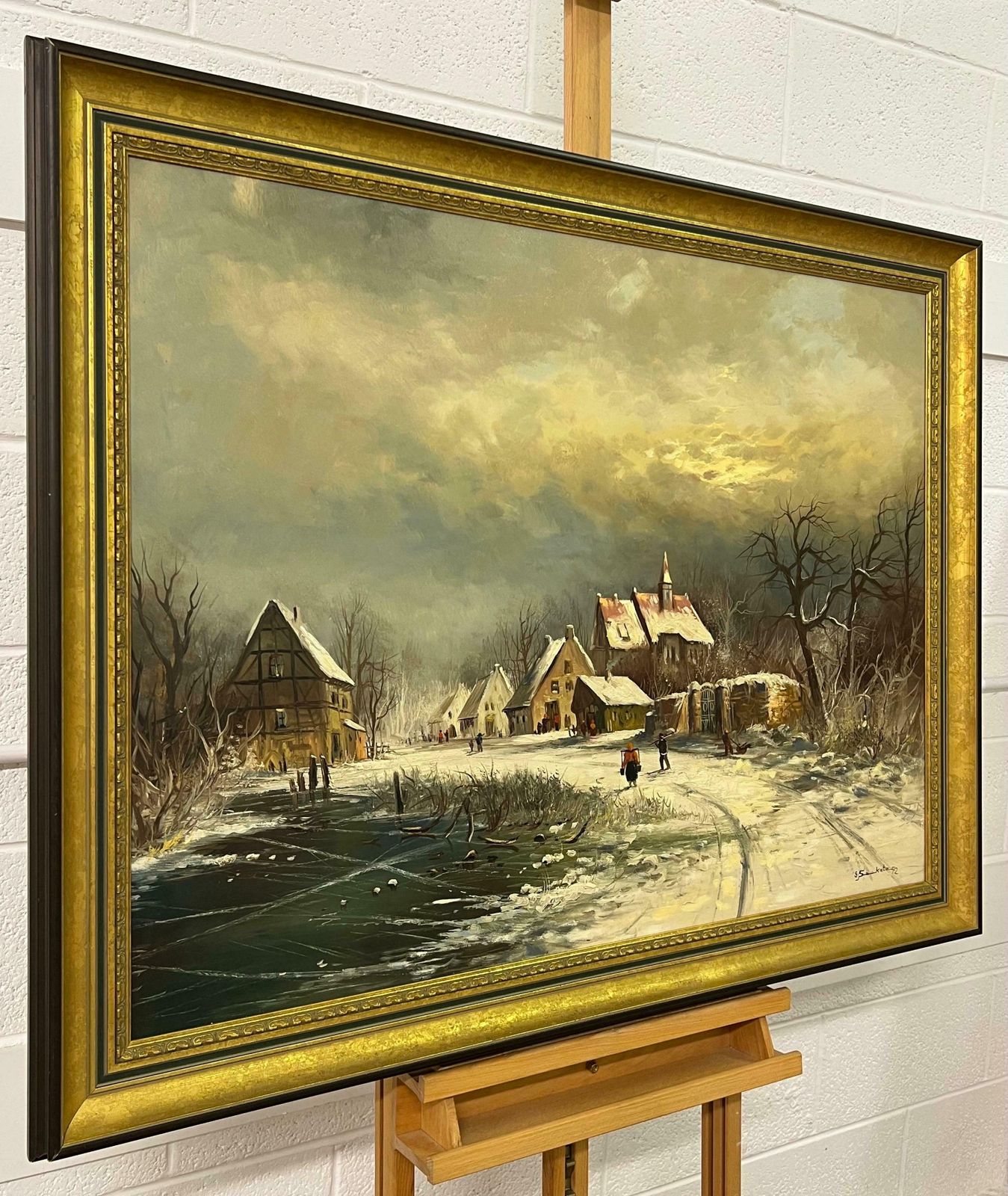 Gunter Seekatz European Village In Winter Snow With Figures & Frozen Pond By German Artist 1972 photo furniture