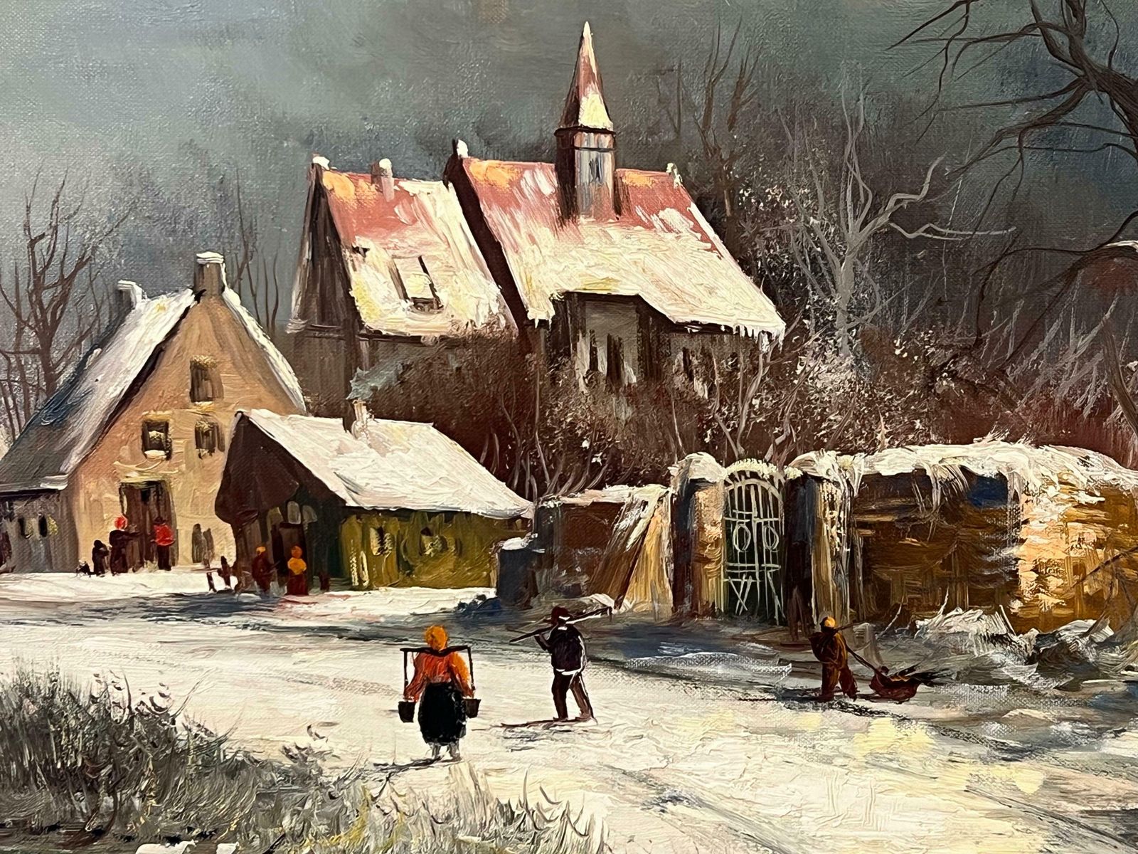photo for sale Gunter Seekatz European Village In Winter Snow With Figures & Frozen Pond By German Artist 1972