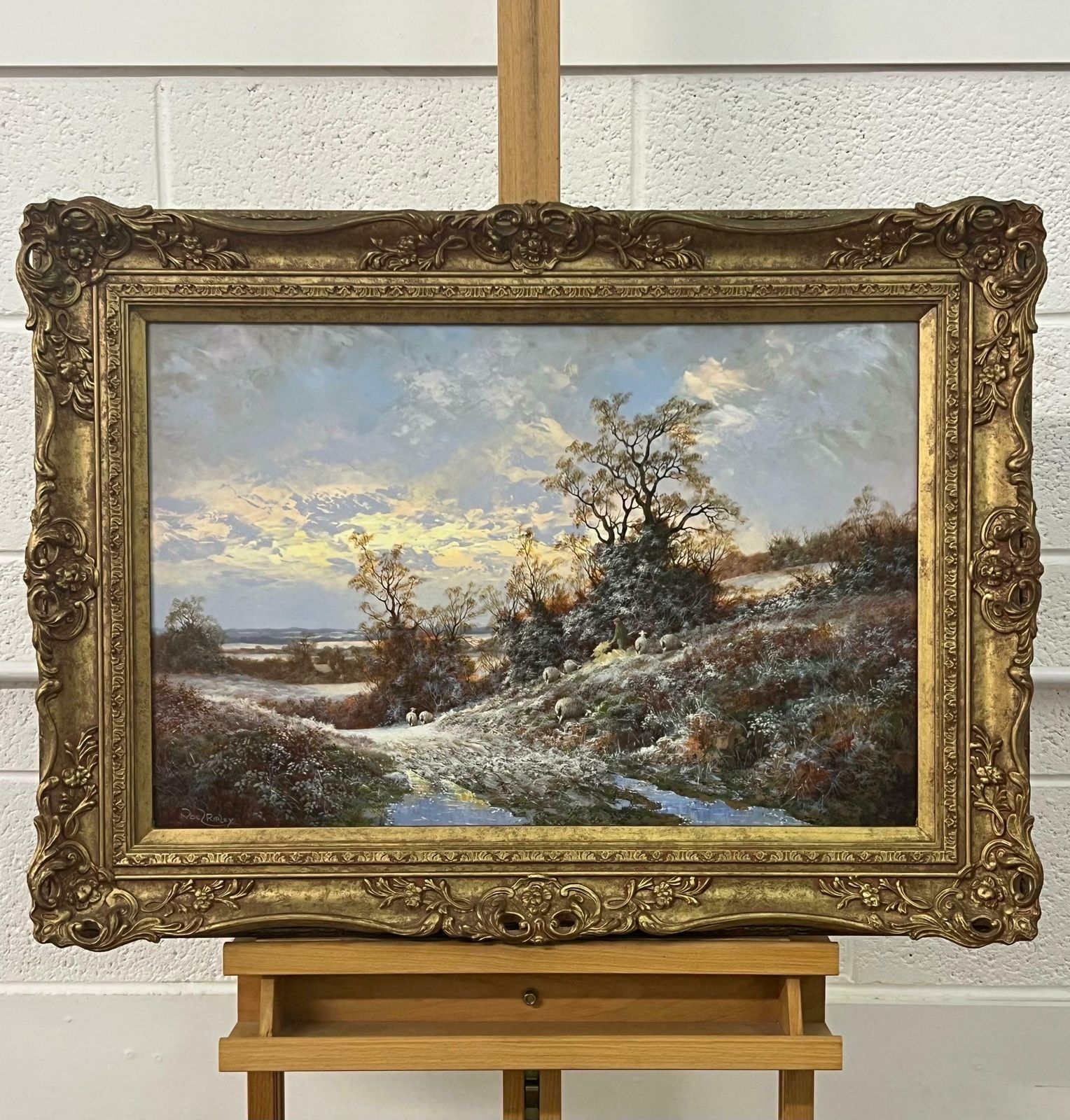 Noel Ripley Winter Sunset With Sheep & Farmer In The English Countryside By British Artist 1985 Circa photo for sale