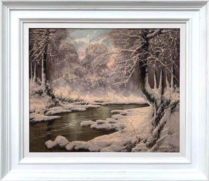 Laszlo Neogrady 20th Century Painting Of A Hungarian Winter Wonderland Forest River Snow Scene Circa 1925