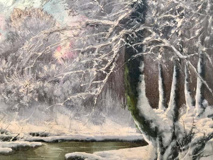 Art Laszlo Neogrady 20th Century Painting Of A Hungarian Winter Wonderland Forest River Snow Scene Circa 1925 photo