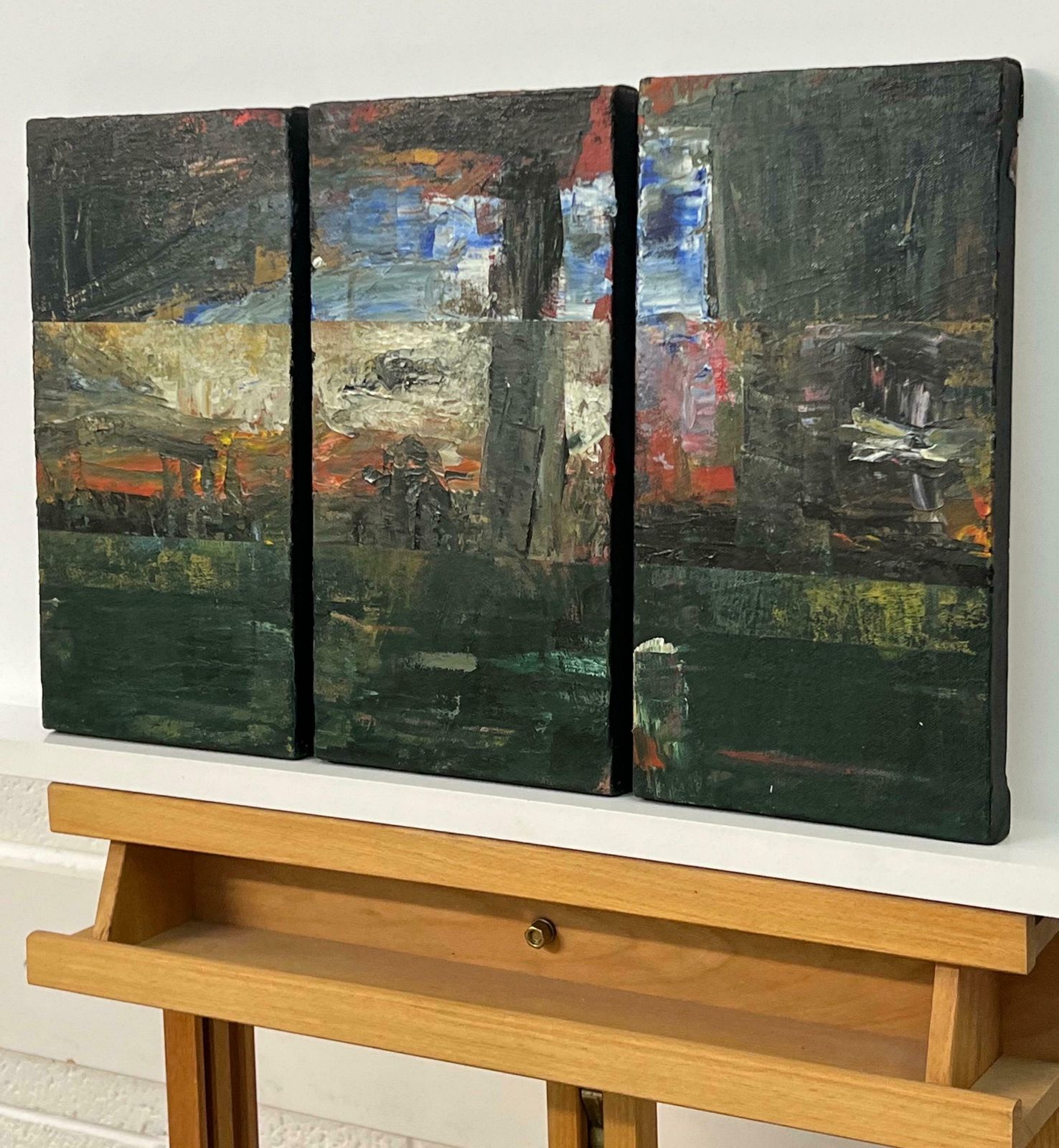 Angela Wakefield Small Triptych Abstract Forest Trees Landscape Painting By British Urban Artist 1999 photo Art