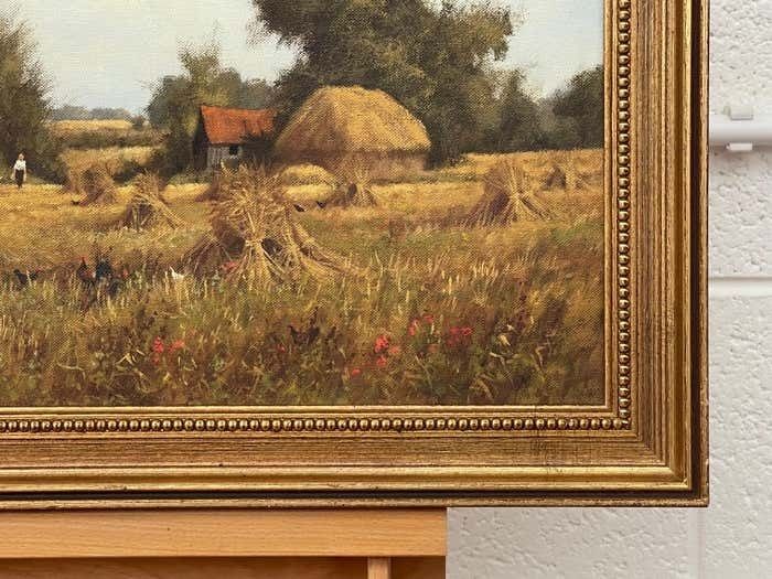 James Wright Farm Scene With Haystacks In The English Countryside By Realist Landscape Artist 1990 Circa photo vintage