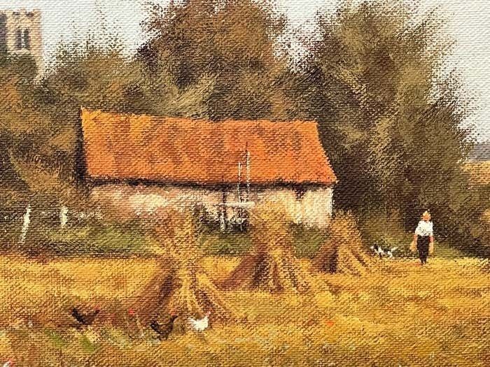 photo furniture James Wright Farm Scene With Haystacks In The English Countryside By Realist Landscape Artist 1990 Circa