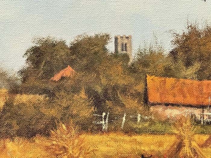 photo vinterior James Wright Farm Scene With Haystacks In The English Countryside By Realist Landscape Artist 1990 Circa
