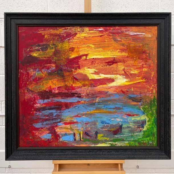 Angela Wakefield Abstract Blue Orange & Red Lake Sunset Landscape By Contemporary British Artist  2000 photo for sale