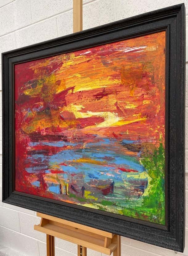 Angela Wakefield Abstract Blue Orange & Red Lake Sunset Landscape By Contemporary British Artist  2000 photo Art