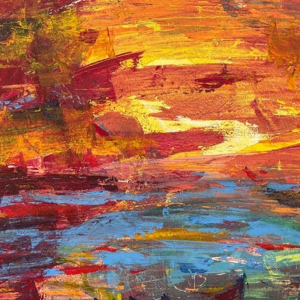 Art Angela Wakefield Abstract Blue Orange & Red Lake Sunset Landscape By Contemporary British Artist  2000 photo